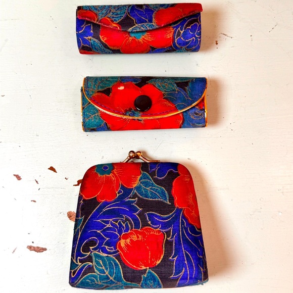 Vintage Handbags - Vintage Silk Set with Kiss-lock coin purse, Lipstick Holder and Key Holder